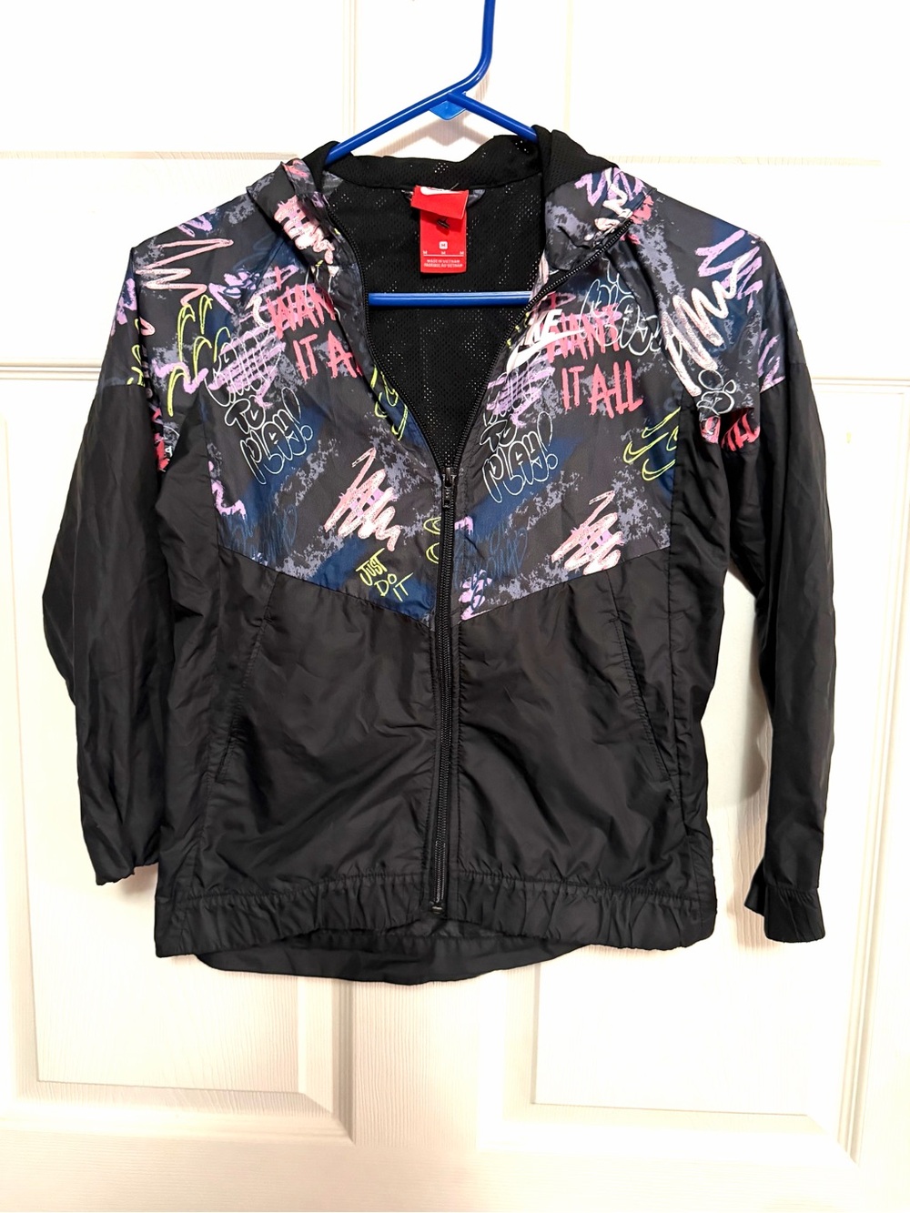 Nike Kids Black Hooded Rain Jacket with Neon Script Print